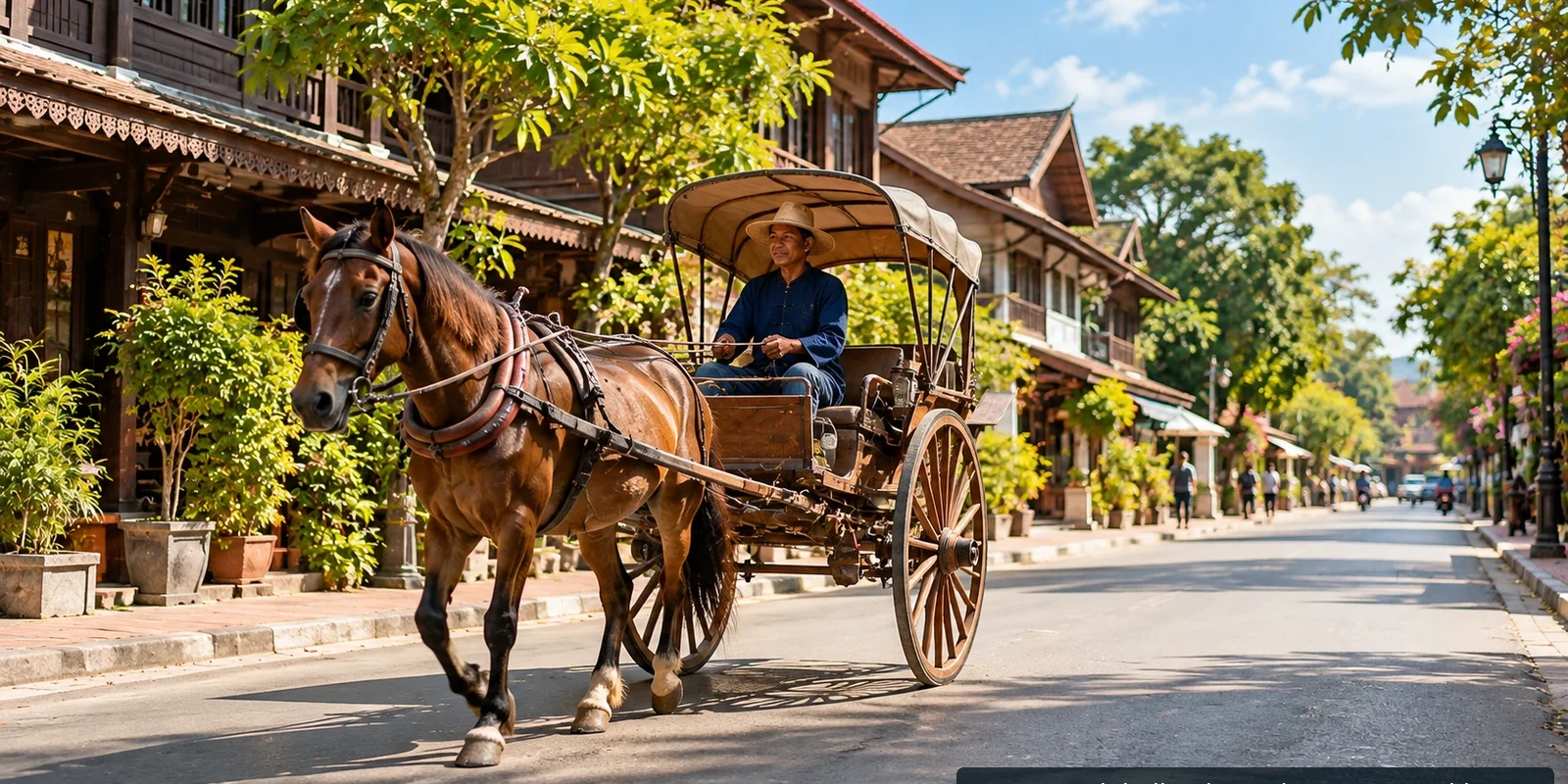 Lampang Travel Guide: Horse Carriages, Lanna Temples and Ceramics (illustration) Traditional horse-drawn carriage travelling through Lampang, northern Thailand — AI-generated illustration