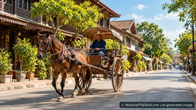 Traditional horse-drawn carriage travelling through Lampang, northern Thailand — AI-generated illustration