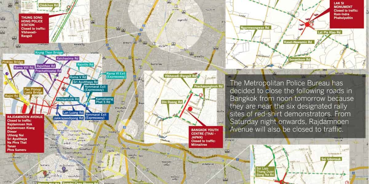 Police map of Bangkok showing the hotspots and road closures planned for the March 2010 Red Shirt rally.