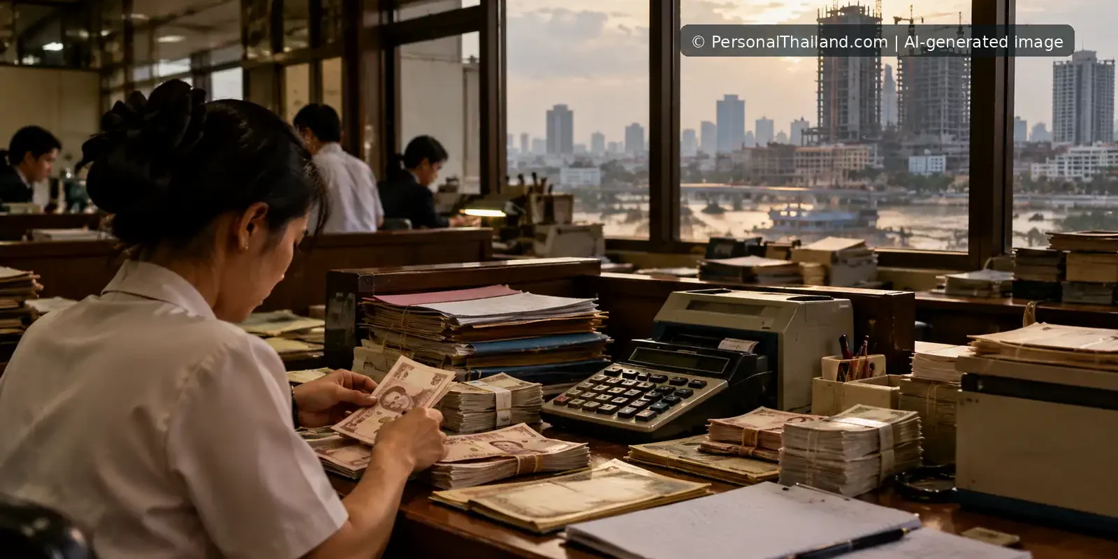 10-years-since-the-asian-tiger-fell-1600×900 AI-generated historical editorial illustration of baht cash handling in a late-1990s Bangkok office during the Asian financial crisis