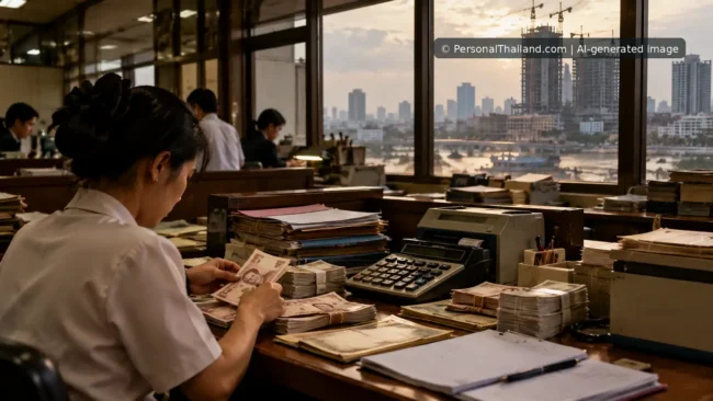 AI-generated historical editorial illustration of baht cash handling in a late-1990s Bangkok office during the Asian financial crisis