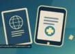 AI-created illustration of a passport with a globe emblem beside a smartphone showing a medical cross, symbolising travel emergency contacts rather than any real embassy
