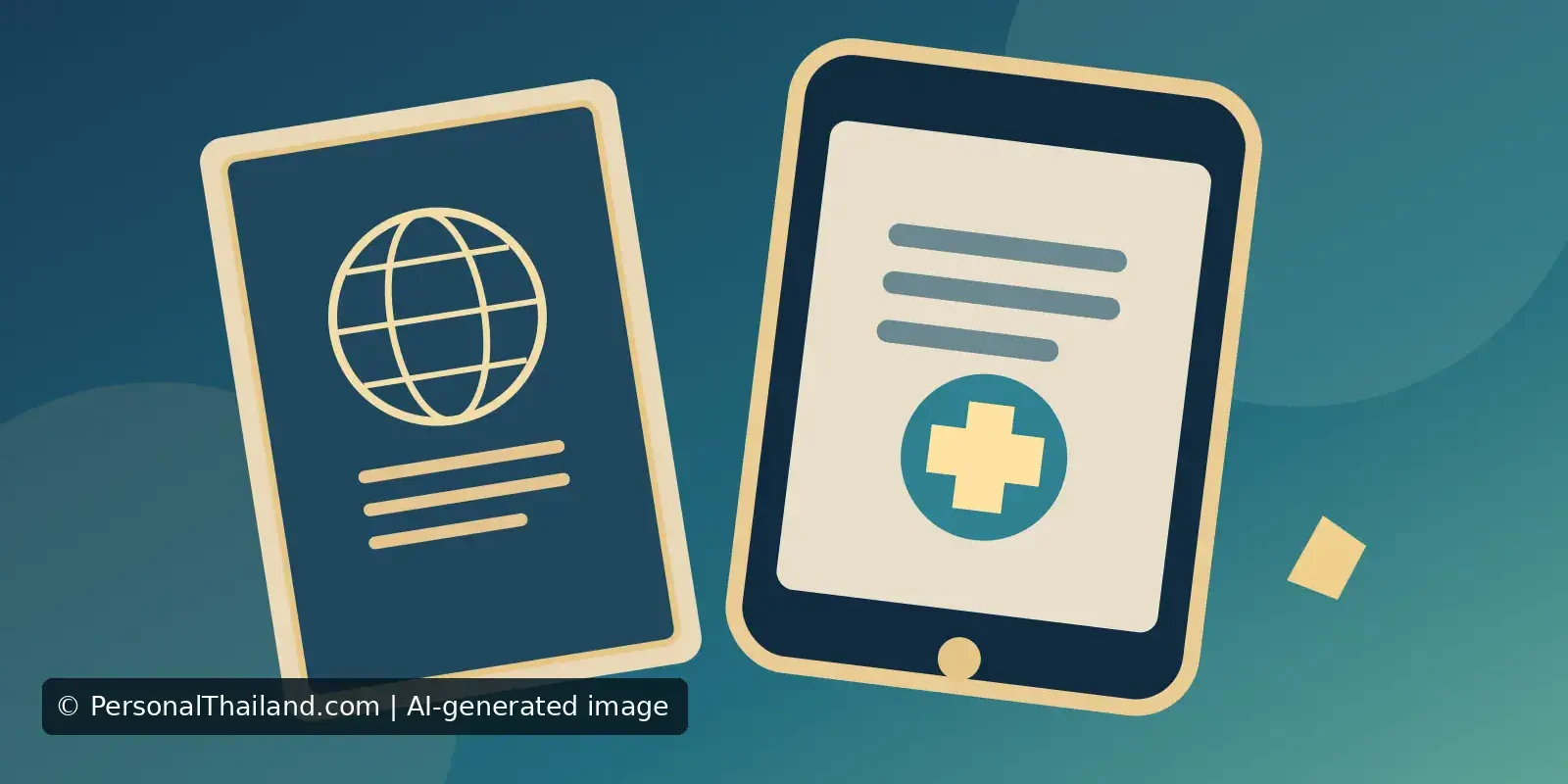 Embassy Contacts in Thailand: What to Save Before You Need Help (illustration) AI-created illustration of a passport with a globe emblem beside a smartphone showing a medical cross, symbolising travel emergency contacts rather than any real embassy