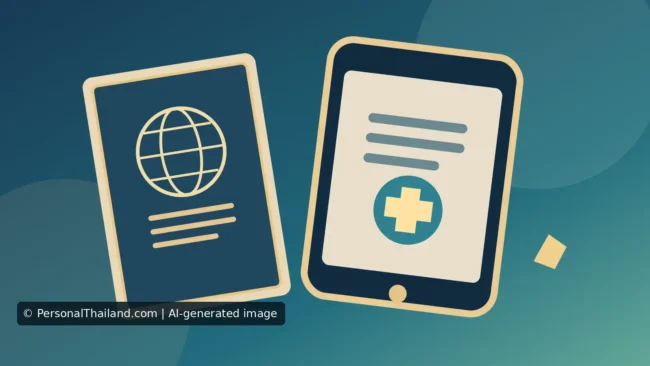 AI-created illustration of a passport with a globe emblem beside a smartphone showing a medical cross, symbolising travel emergency contacts rather than any real embassy