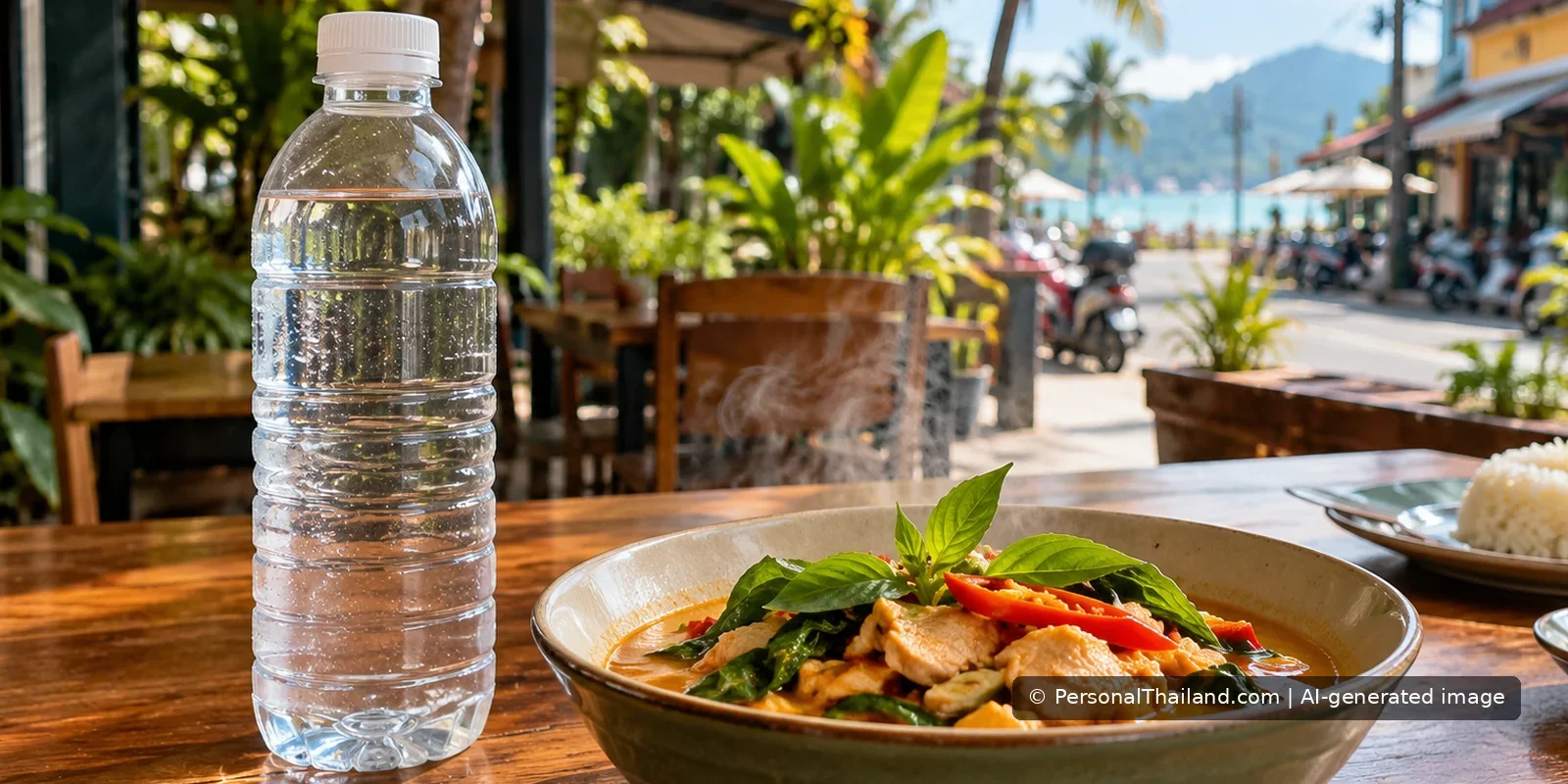 Cholera in Phuket: Food and Water Safety Beyond a 2007 Warning Sealed bottled drinking water and freshly prepared Thai food at a tropical outdoor restaurant in Phuket, conceptual image.