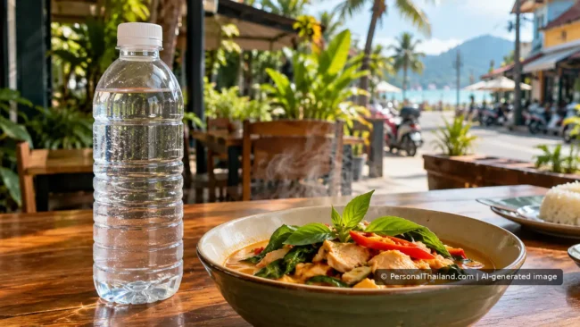 Sealed bottled drinking water and freshly prepared Thai food at a tropical outdoor restaurant in Phuket, conceptual image.
