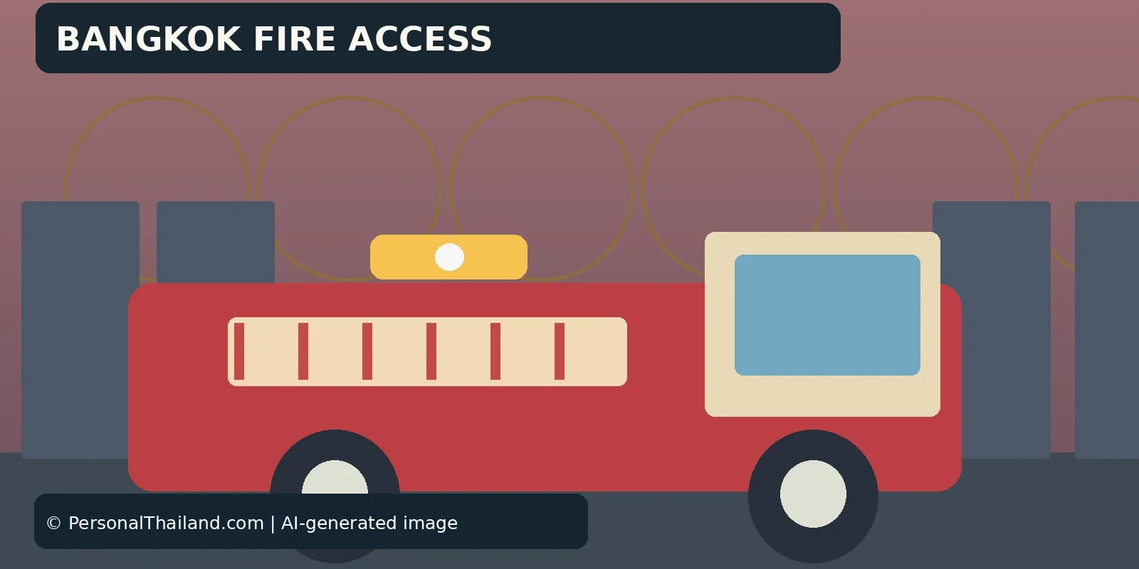 Fire Engines in Bangkok: Why Clear Access and Fast Reporting Matter (illustration) AI-created illustration of a red fire engine on a street between buildings, under the heading 'Bangkok Fire Access'