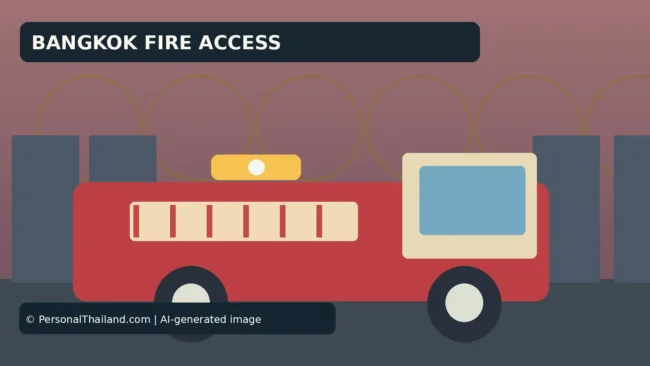 Fire Engines in Bangkok: Why Clear Access and Fast Reporting Matter (illustration) AI-created illustration of a red fire engine on a street between buildings, under the heading 'Bangkok Fire Access'