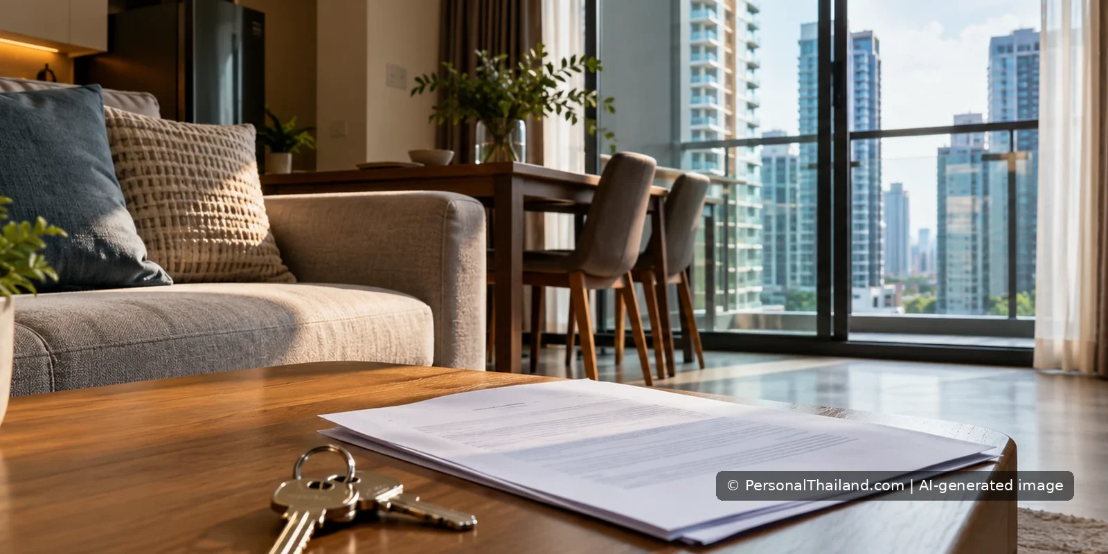Buy-to-Let in Thailand: Mortgages, Renting and Ownership Risks Apartment keys and lease papers on a coffee table in a modern condominium overlooking Bangkok buildings.