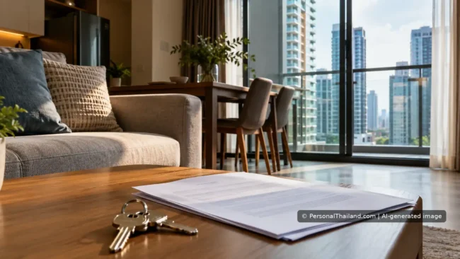 Apartment keys and lease papers on a coffee table in a modern condominium overlooking Bangkok buildings.