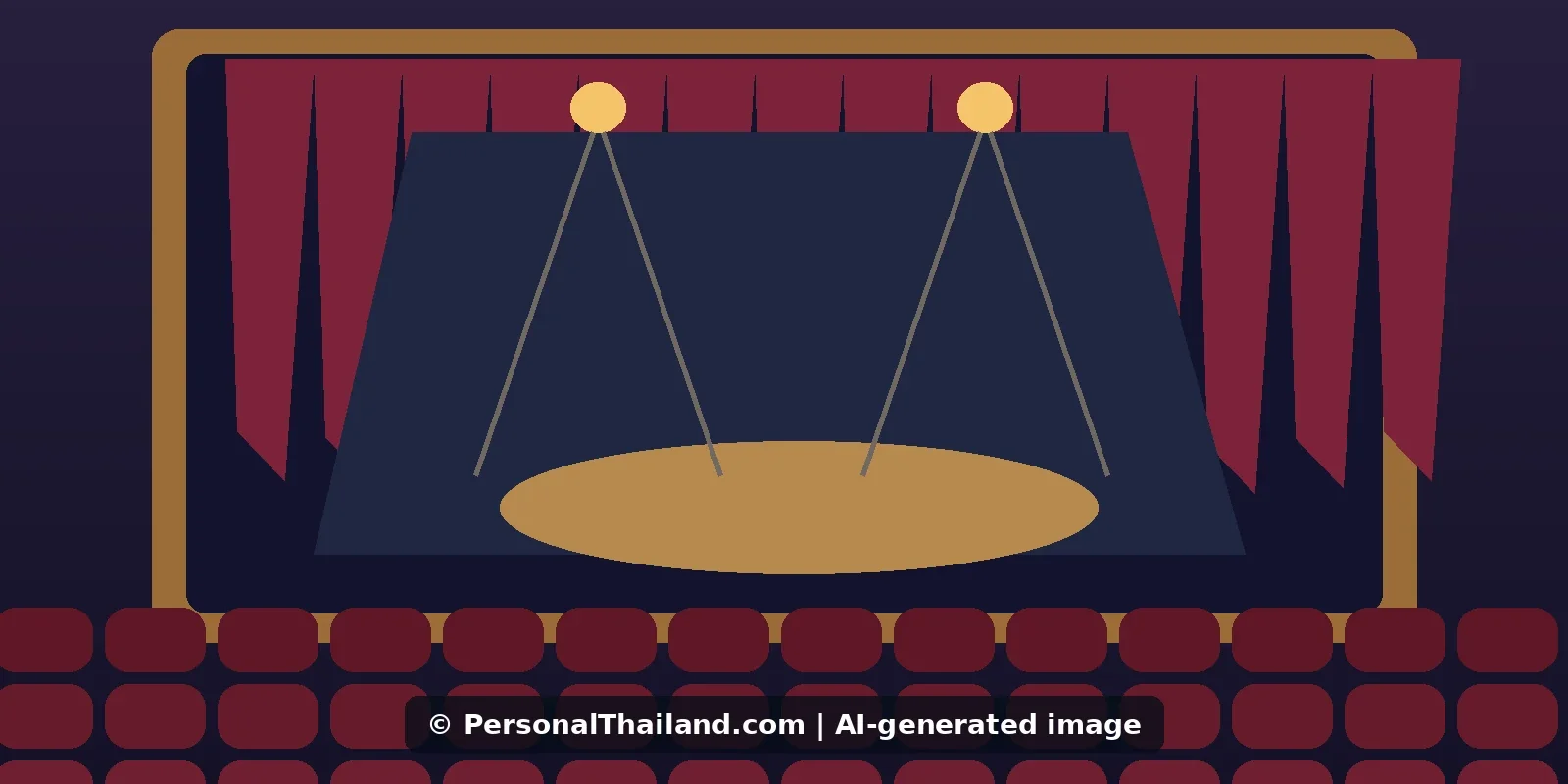 Cats in Bangkok: The 2007 Musical and How to See Theatre Today (illustration) AI-created illustration of an empty theatre stage with red curtains, spotlights and rows of red seats