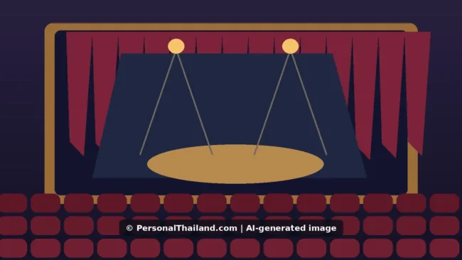 AI-created illustration of an empty theatre stage with red curtains, spotlights and rows of red seats