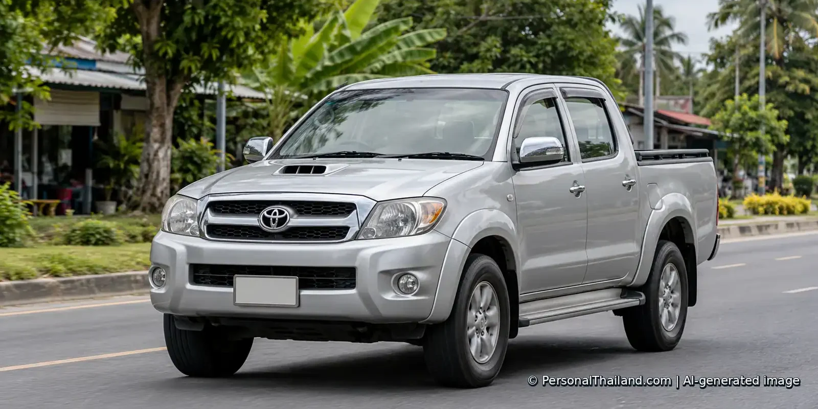 Silver Toyota Hilux-style pickup truck on a quiet road in a tropical Thai setting. AI-generated illustration.