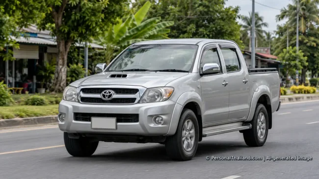 Silver Toyota Hilux-style pickup truck on a quiet road in a tropical Thai setting. AI-generated illustration.