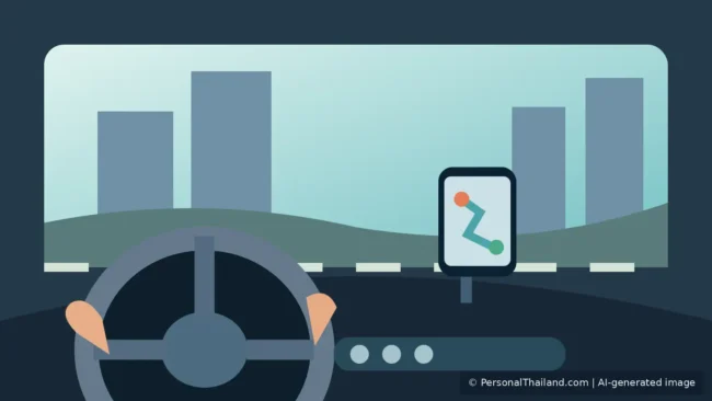 Editorial illustration of a driver using a mounted navigation phone without holding it