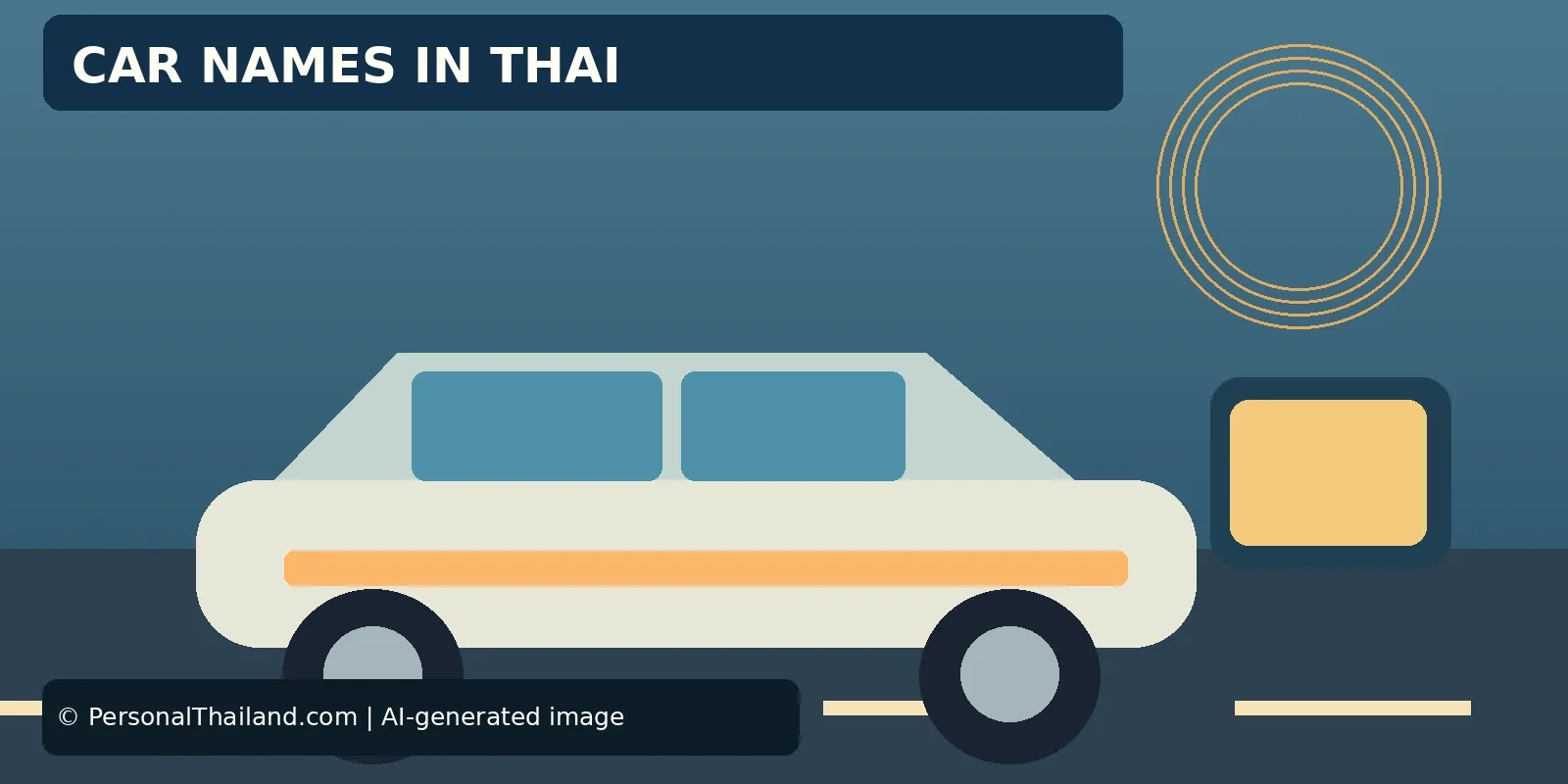 Car Brand Names in Thai: How to Read and Recognise Them (illustration) AI-created illustration of a white car on a road beside a blank sign, under the heading 'Car Names in Thai'