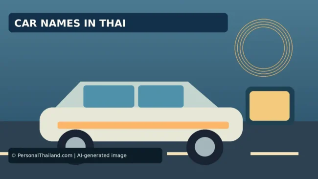AI-created illustration of a white car on a road beside a blank sign, under the heading 'Car Names in Thai'