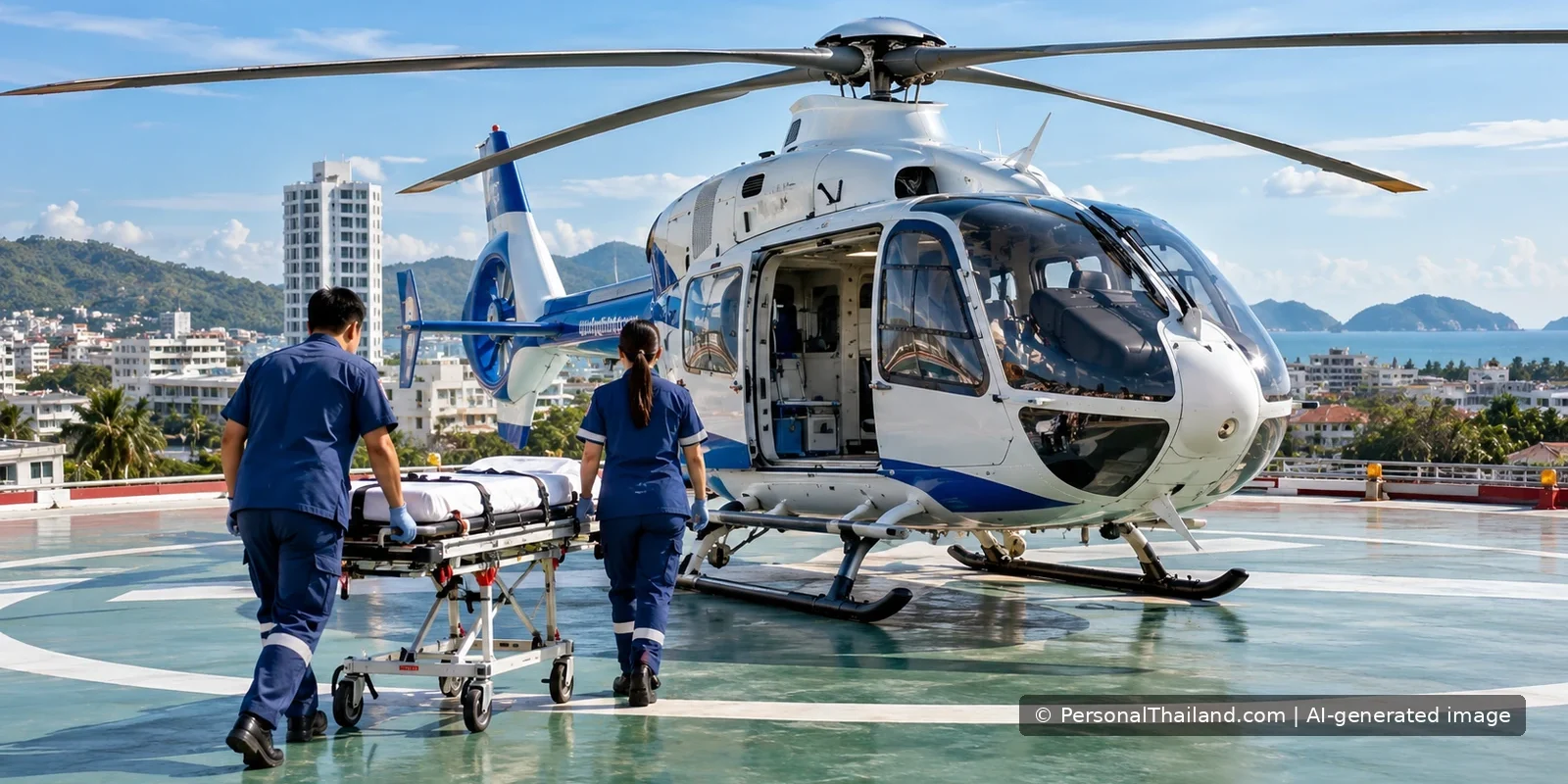 Medical staff move a stretcher toward a helicopter on a rooftop hospital helipad in a fictional Thai city setting.