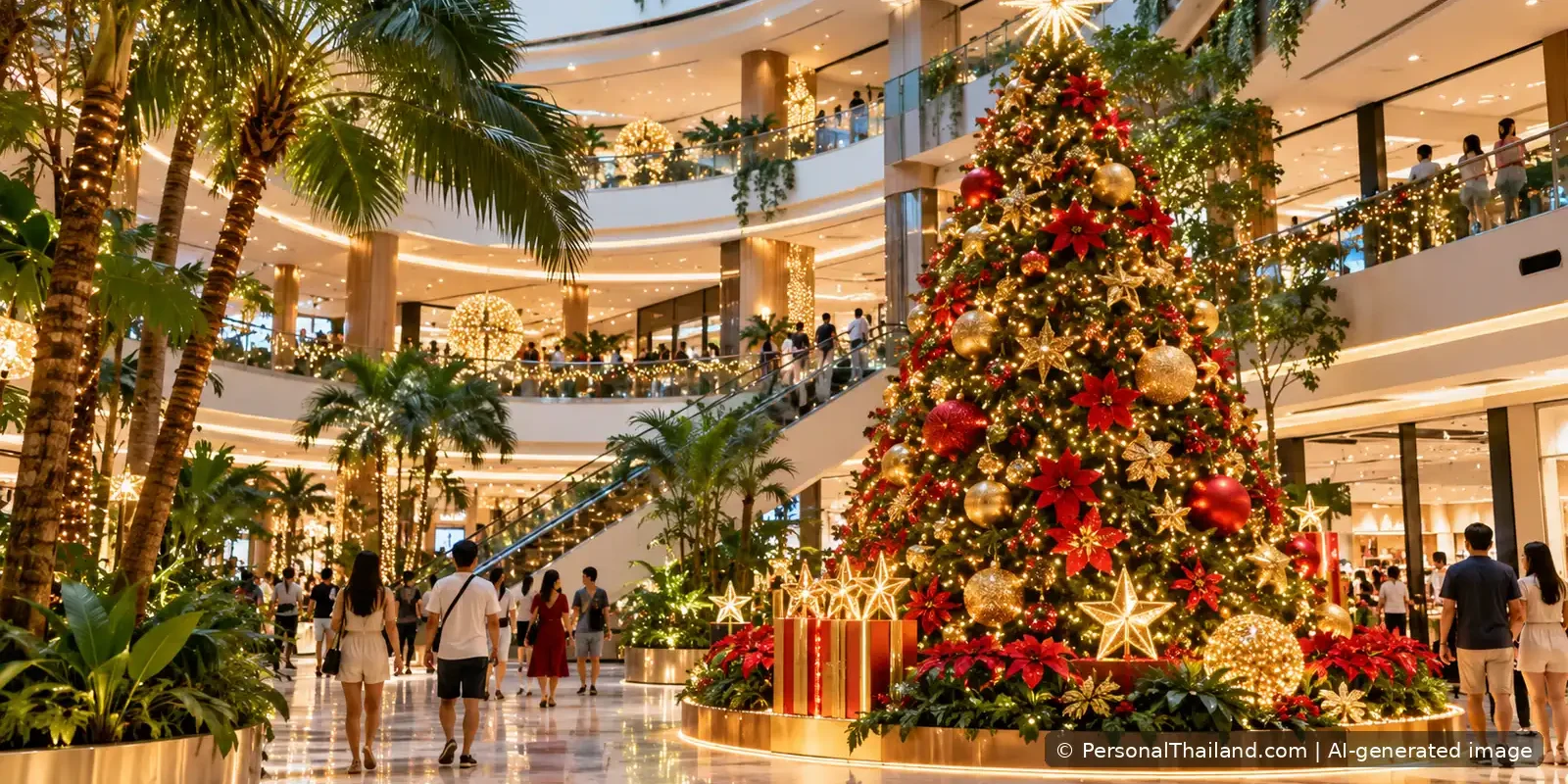 Large Christmas tree with lights and red and gold decorations inside a contemporary shopping mall in Thailand. AI-generated illustrative scene.