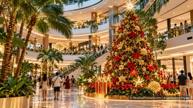 Large Christmas tree with lights and red and gold decorations inside a contemporary shopping mall in Thailand. AI-generated illustrative scene.