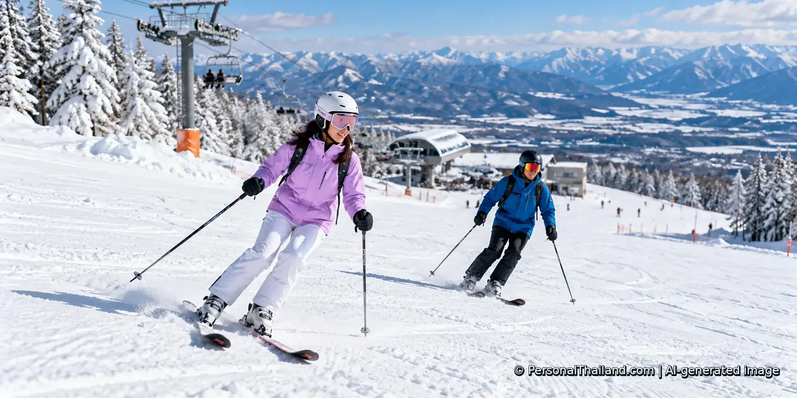 Skiing Holidays from Thailand: A Beginner’s Guide to Snow Two beginner skiers practising on a snowy slope at a mountain ski resort outside Thailand. AI-generated illustration.