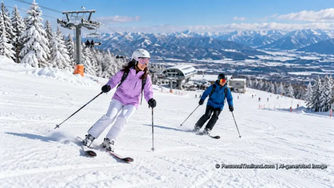 Two beginner skiers practising on a snowy slope at a mountain ski resort outside Thailand. AI-generated illustration.