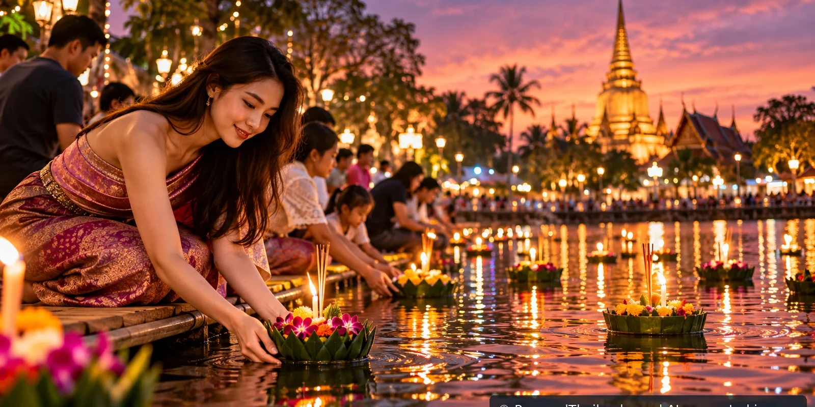 Loy Krathong in Thailand: Festival Meaning, Safety and Responsible Celebrations (illustration) Photorealistic AI-generated scene of families floating candlelit flower krathongs during Loy Krathong in Thailand