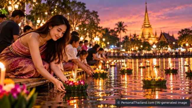 Photorealistic AI-generated scene of families floating candlelit flower krathongs during Loy Krathong in Thailand