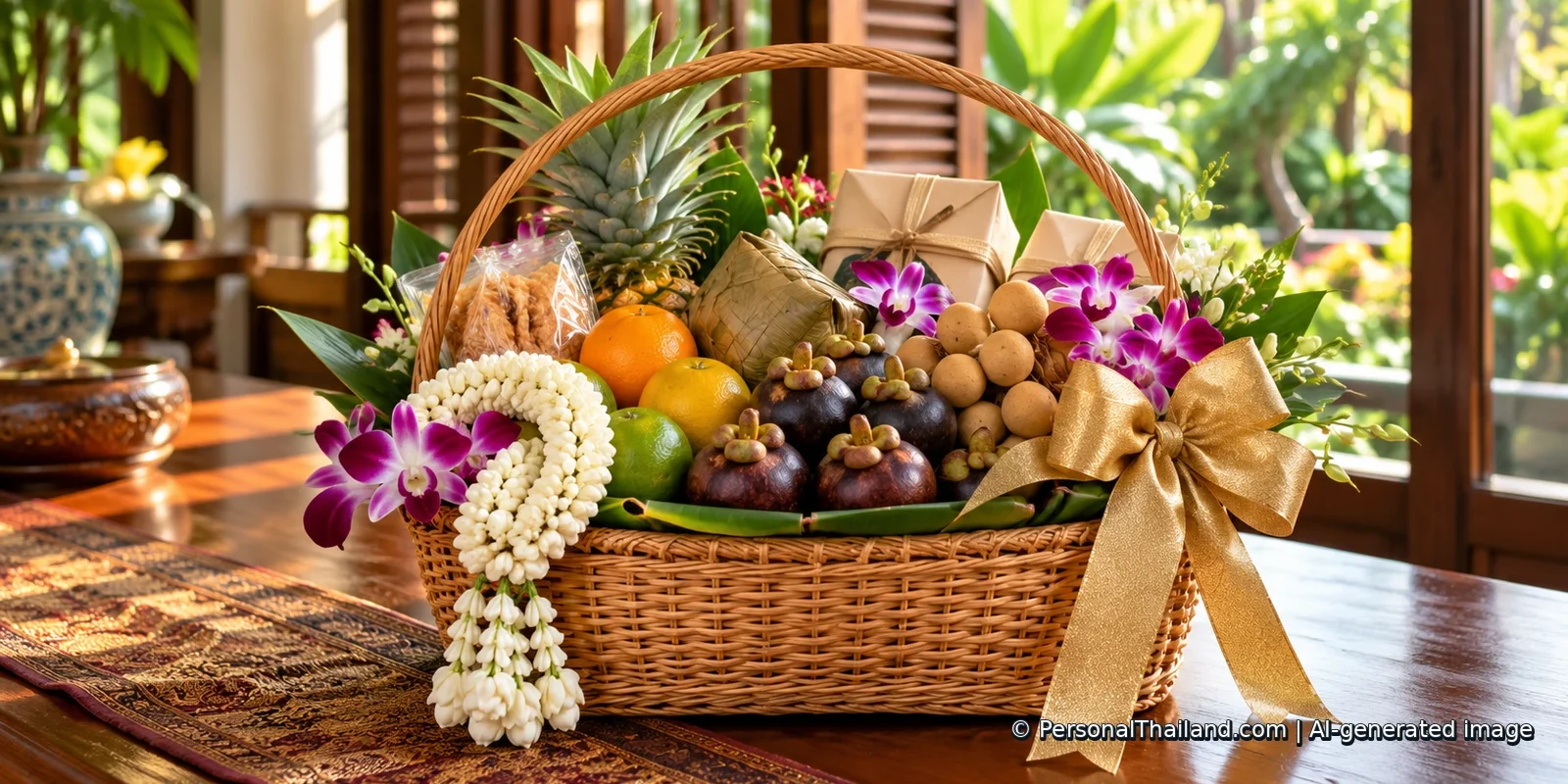 Festive Thai-style wicker gift basket with tropical fruit, jasmine, orchids and wrapped snacks. AI-generated illustration.