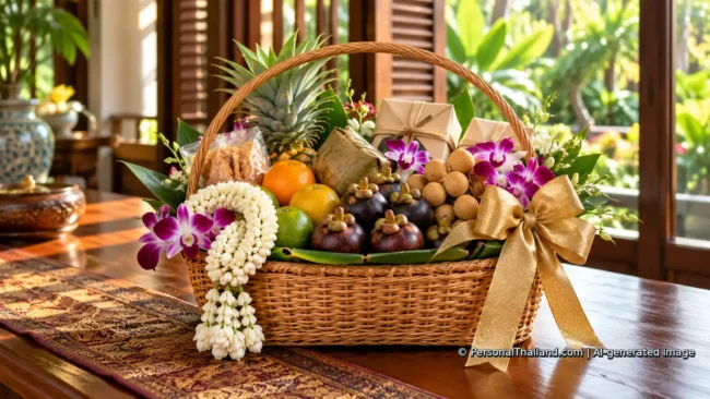 Festive Thai-style wicker gift basket with tropical fruit, jasmine, orchids and wrapped snacks. AI-generated illustration.