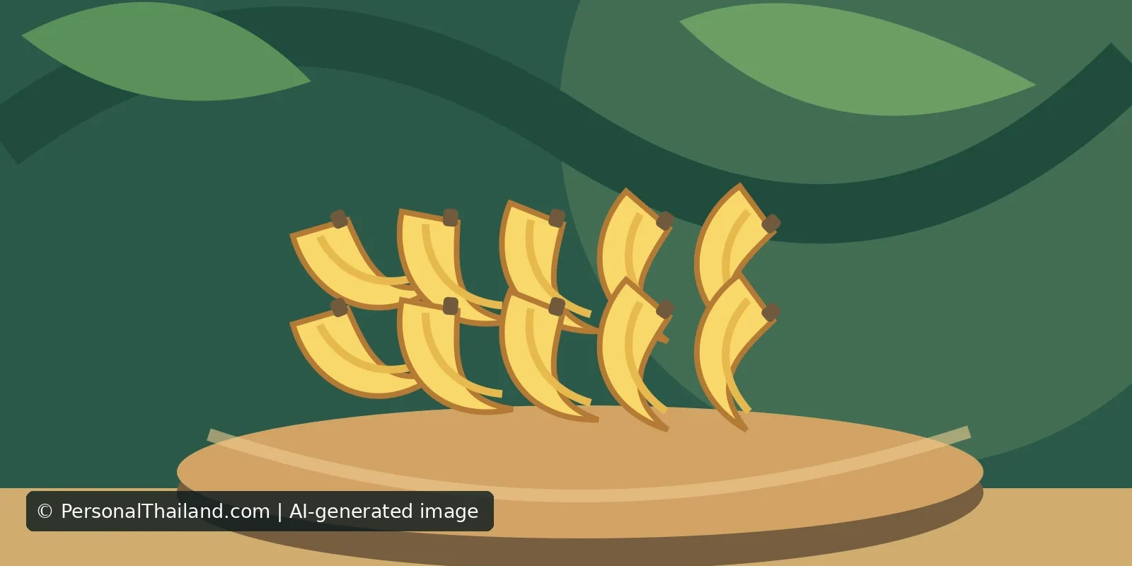 AI-created illustration of two rows of small yellow bananas on a round wooden tray against green leaves, a stylised drawing rather than a photograph of a specific Thai variety