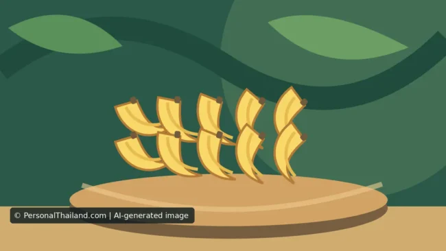 How to Eat Bananas in Thailand: Varieties and Local Snacks (illustration) AI-created illustration of two rows of small yellow bananas on a round wooden tray against green leaves, a stylised drawing rather than a photograph of a specific Thai variety