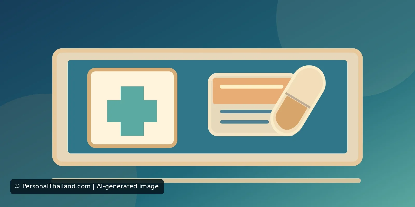 AI-created illustration of a medical cross symbol beside a medicine box and capsule on a pharmacy-style panel, with no brand names or real products