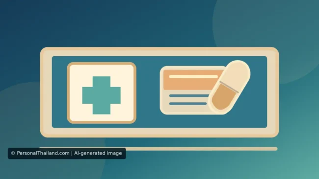 AI-created illustration of a medical cross symbol beside a medicine box and capsule on a pharmacy-style panel, with no brand names or real products