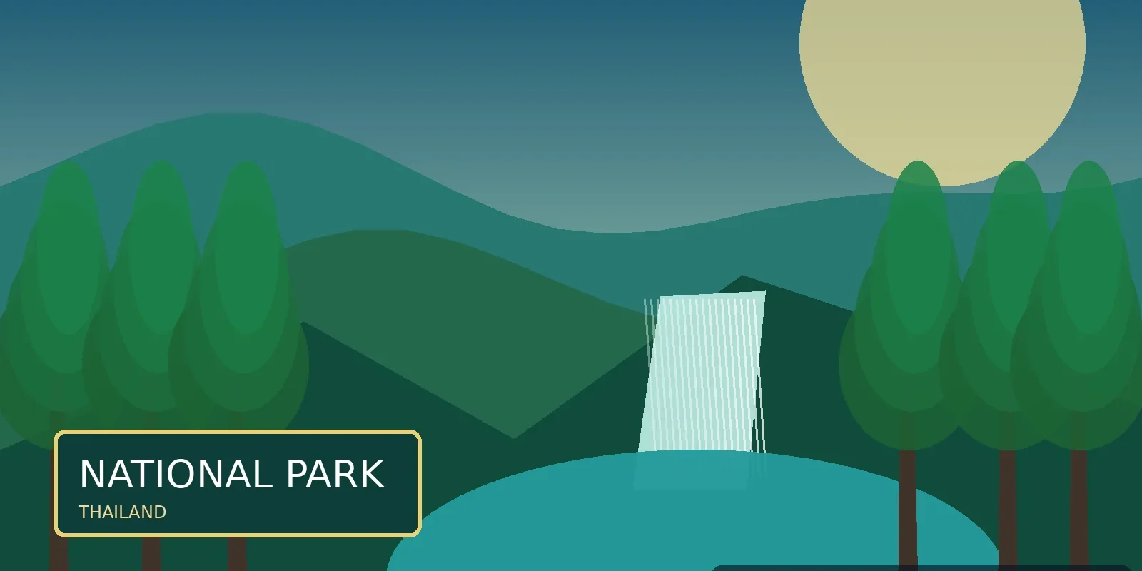 AI-generated illustrated Thai national park landscape with tropical hills, waterfall and entrance sign.