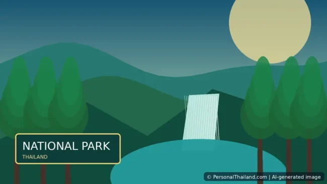 AI-generated illustrated Thai national park landscape with tropical hills, waterfall and entrance sign.