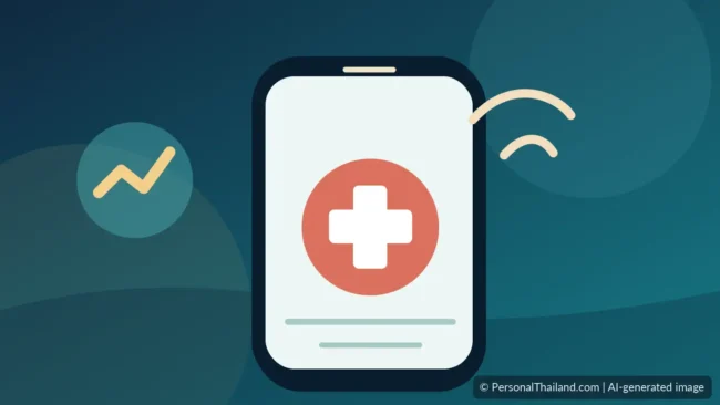 Editorial illustration of a smartphone, emergency communication and Thailand-themed travel imagery, AI-generated image
