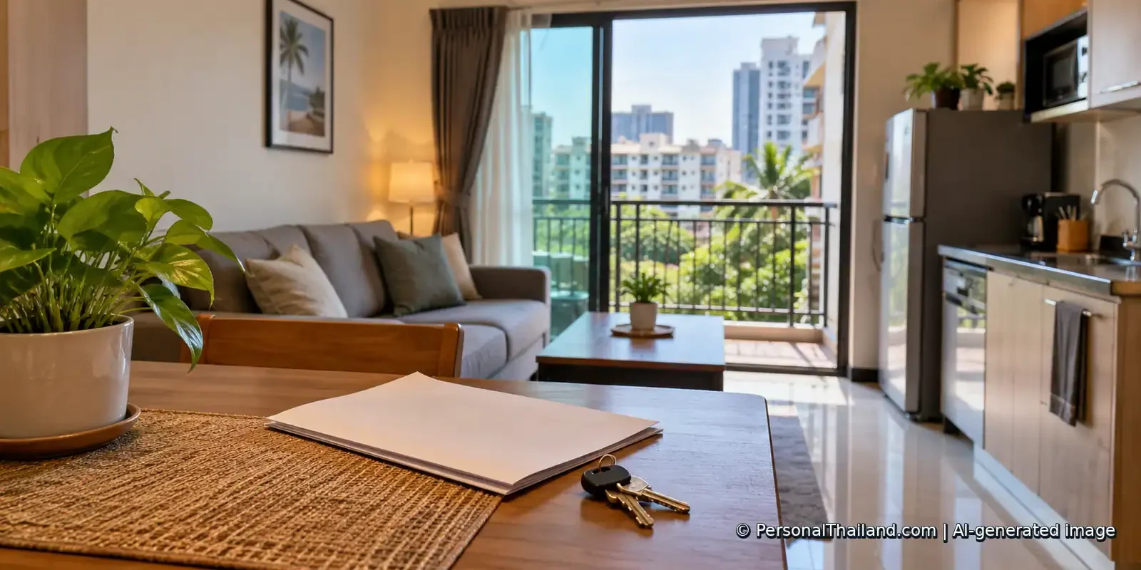 Keys and blank paperwork on a table in a modest furnished Thai rental apartment. AI-generated illustration.