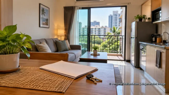 Keys and blank paperwork on a table in a modest furnished Thai rental apartment. AI-generated illustration.
