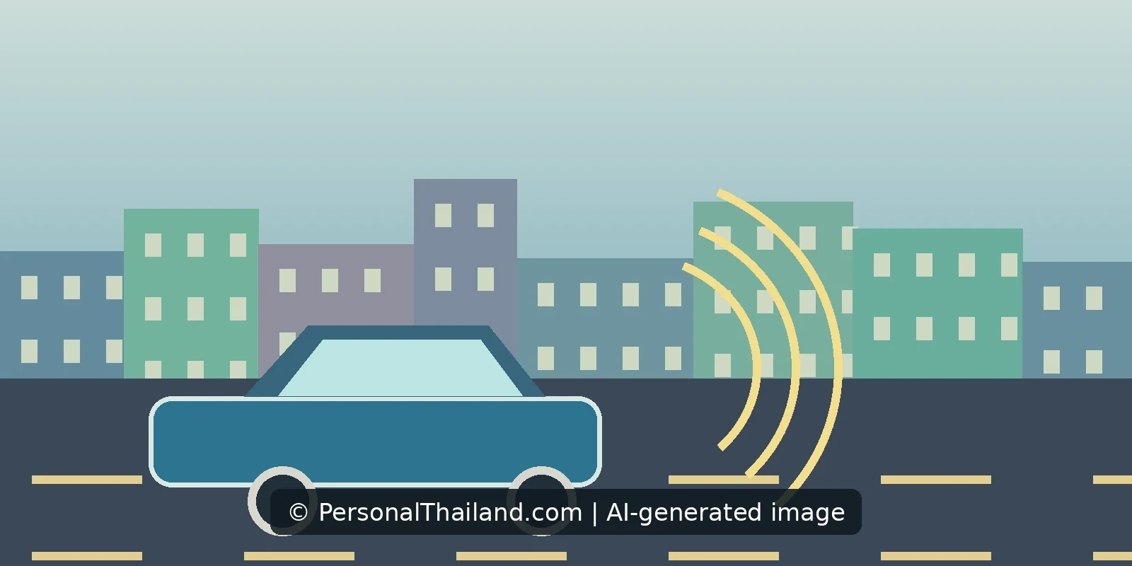 Car Horns in Thailand: Traffic Noise and Road Etiquette (illustration) AI-created illustration of a car on a city road with curved sound waves showing a horn being sounded