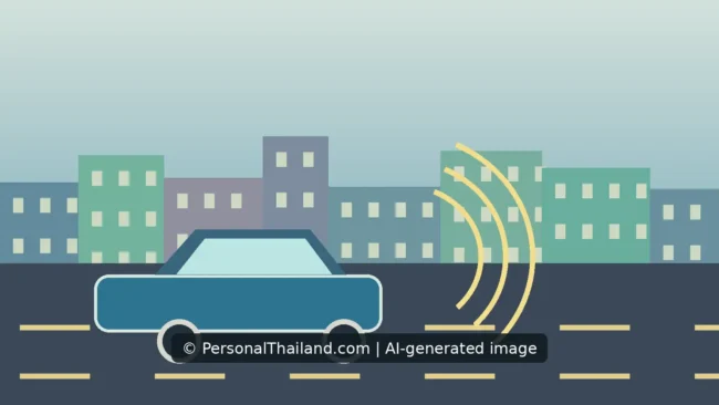AI-created illustration of a car on a city road with curved sound waves showing a horn being sounded