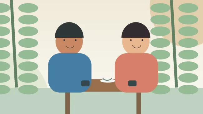 Friendly illustration of two adults talking at an outdoor cafe in Thailand with phones on the table
