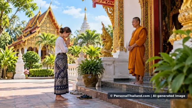 Thai Etiquette for Visitors: Respectful Customs and Common Mistakes (illustration) Concept illustration for Thai Etiquette for Visitors: Respectful Customs and Common Mistakes; AI-generated image