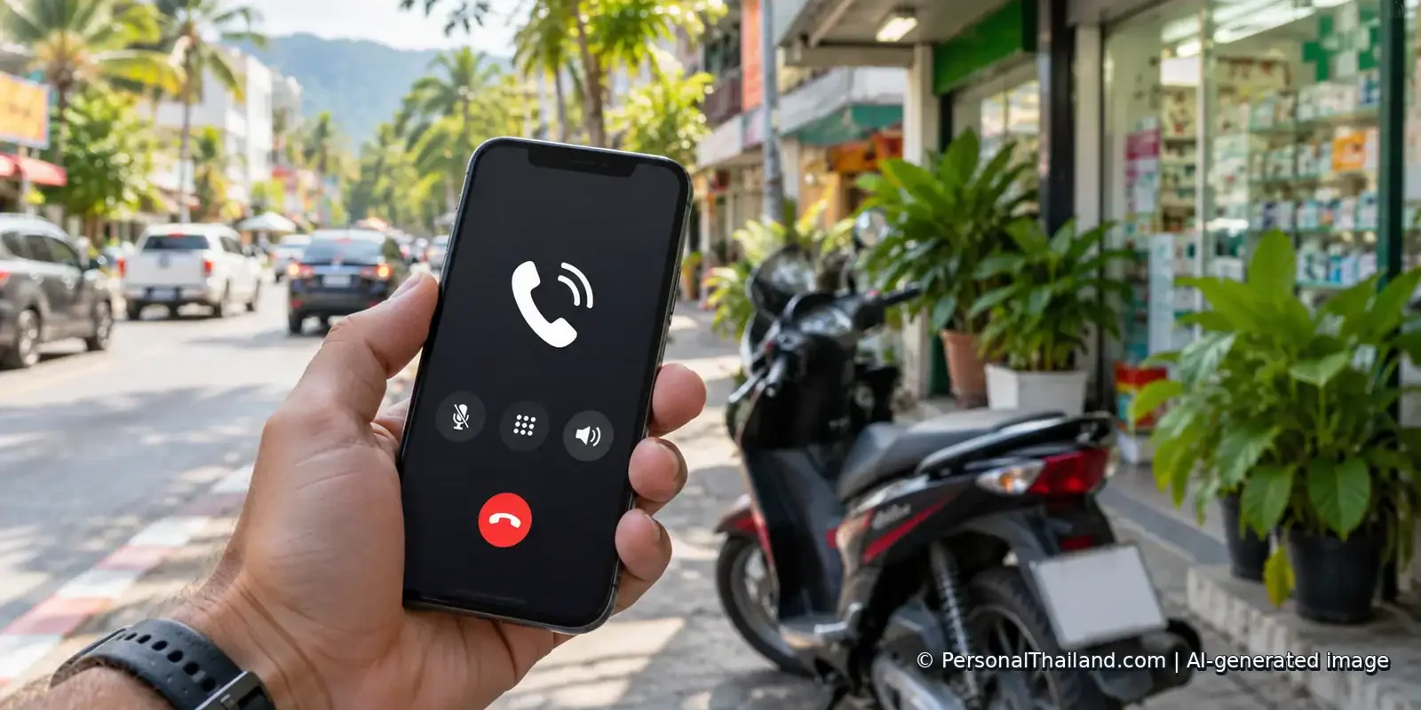 Hand holding a mobile phone with a generic call screen on a Thai street near a parked scooter. AI-generated illustration.