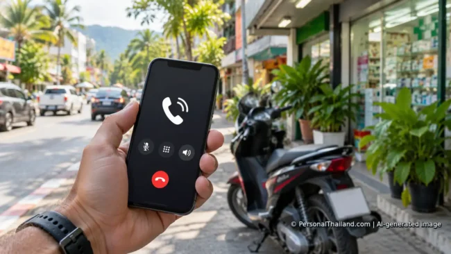 Hand holding a mobile phone with a generic call screen on a Thai street near a parked scooter. AI-generated illustration.