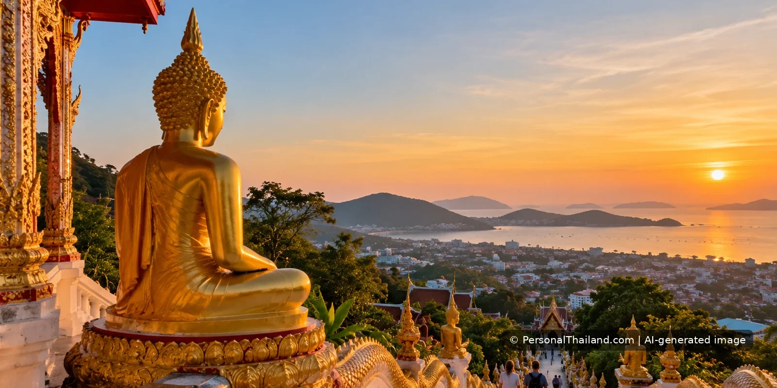 Finding Everyday Calm in Thailand: Stress, Support and Small Habits Quiet golden-hour scene at a Buddhist temple overlooking the coast, illustrating a moment of calm in Thailand.