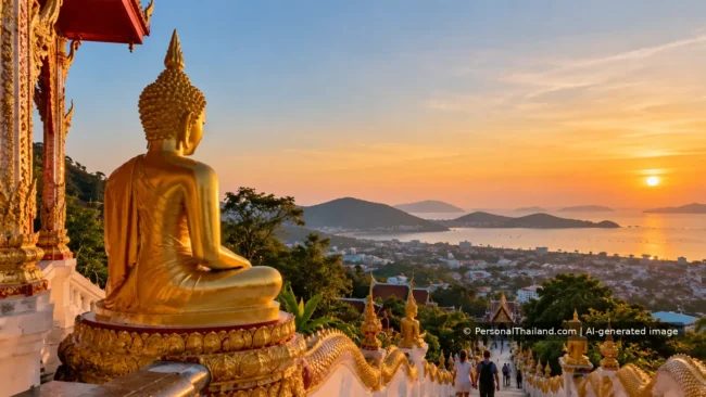 Finding Everyday Calm in Thailand: Stress, Support and Small Habits Quiet golden-hour scene at a Buddhist temple overlooking the coast, illustrating a moment of calm in Thailand.