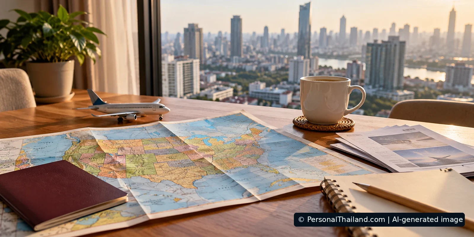 Travel planning for a sightseeing trip to the United States, with an American map, passport and model airplane on a desk overlooking a city skyline. AI-generated illustration.