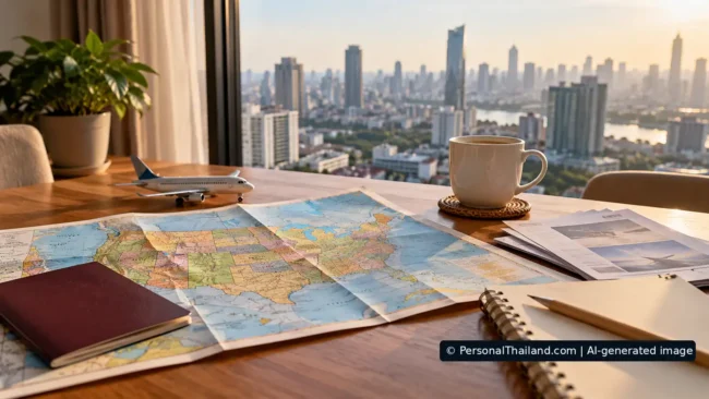 Planning a USA Sightseeing Trip from Thailand: Cities, Visas and Costs Travel planning for a sightseeing trip to the United States, with an American map, passport and model airplane on a desk overlooking a city skyline. AI-generated illustration.