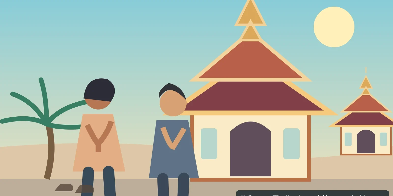 Illustration of two modestly dressed visitors respectfully approaching a Thai Buddhist temple, AI-generated image